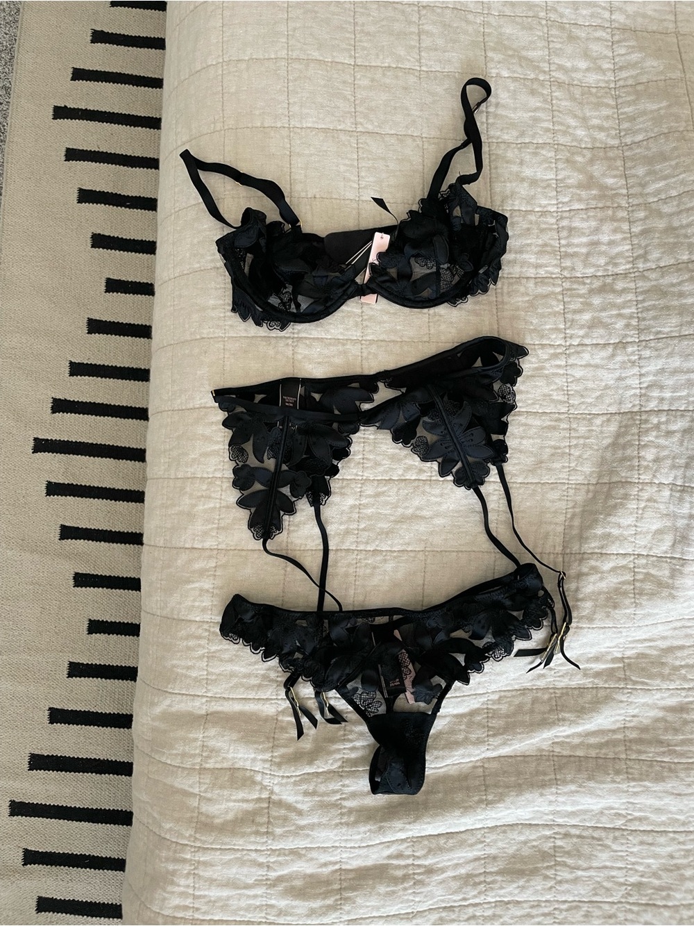 Victoria's Secret Black Lace Appliqué Three-Piece Lingerie Set “Very Sexy”